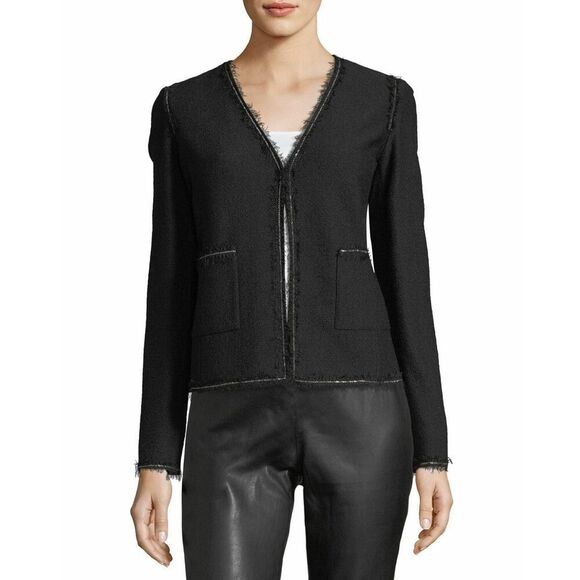 St. John Knits Raw Edge Silver Chain Diamante Trim Jacket Black Size 10 Button F - Picture 1 of 13